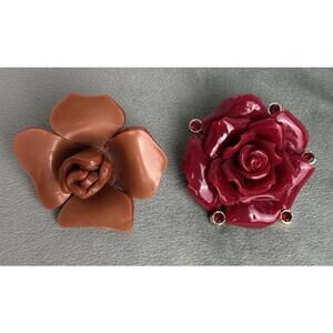 Vintage Set Of 2 Flower Rose Brooch 2” Brown Red P063